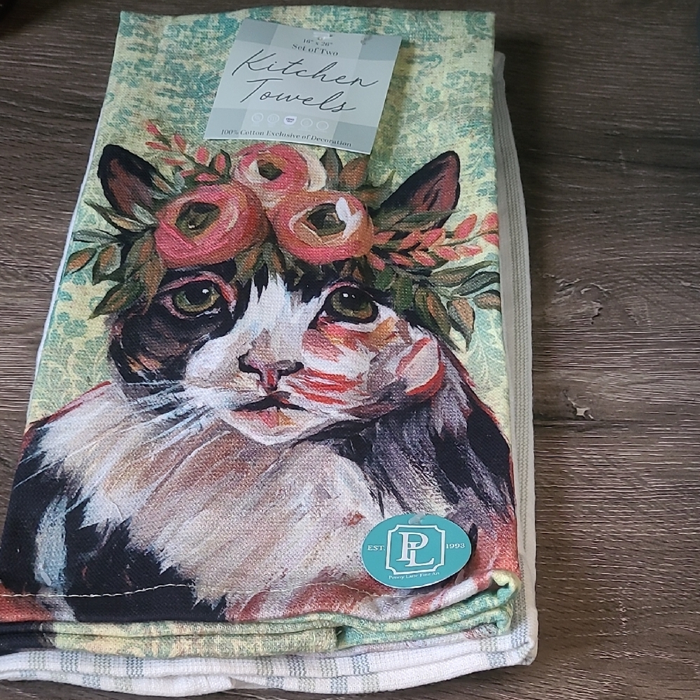 Floral Cat Kitchen Towels Set -2 Towels